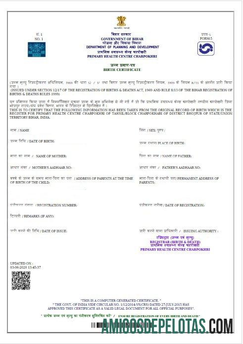 Certidão de nascimento do governo da Índia em Bihar exemplo real